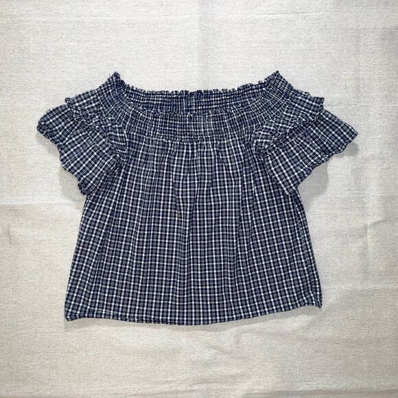 Caslon | Blue Plaid Off the Shoulder Ruffle Sleeve Top | Medium - Picture 2 of 7